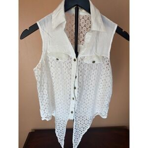 Intensity White Eyelet Lace Sleeveless Tie Front Button Down Blouse Top Large